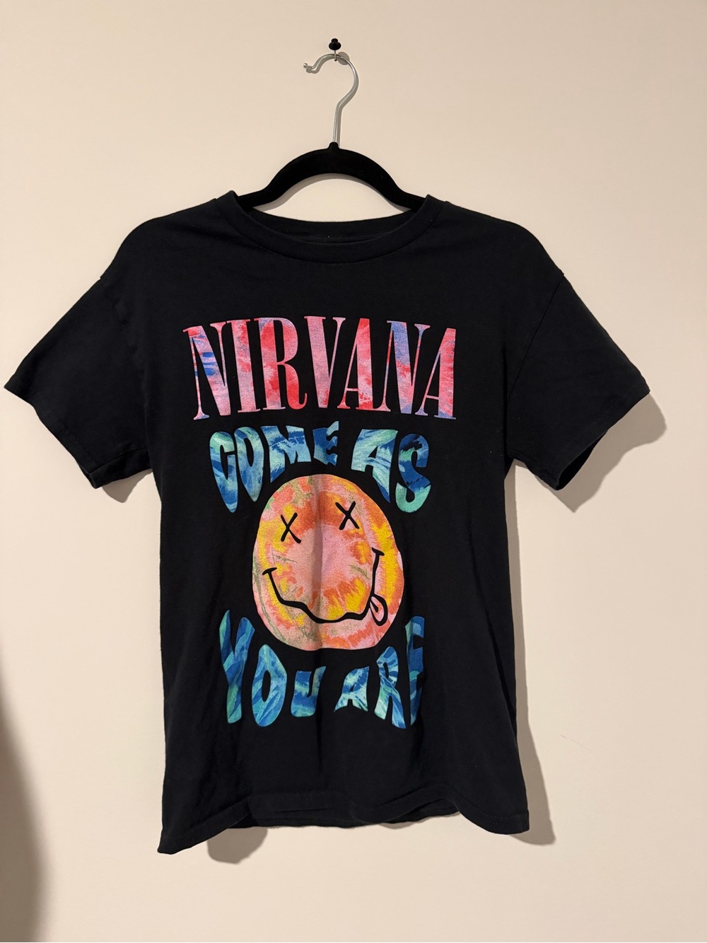 NIRVANA Black Tee with Pink, Blue & Yellow Tie-Dye Smiley - Small
